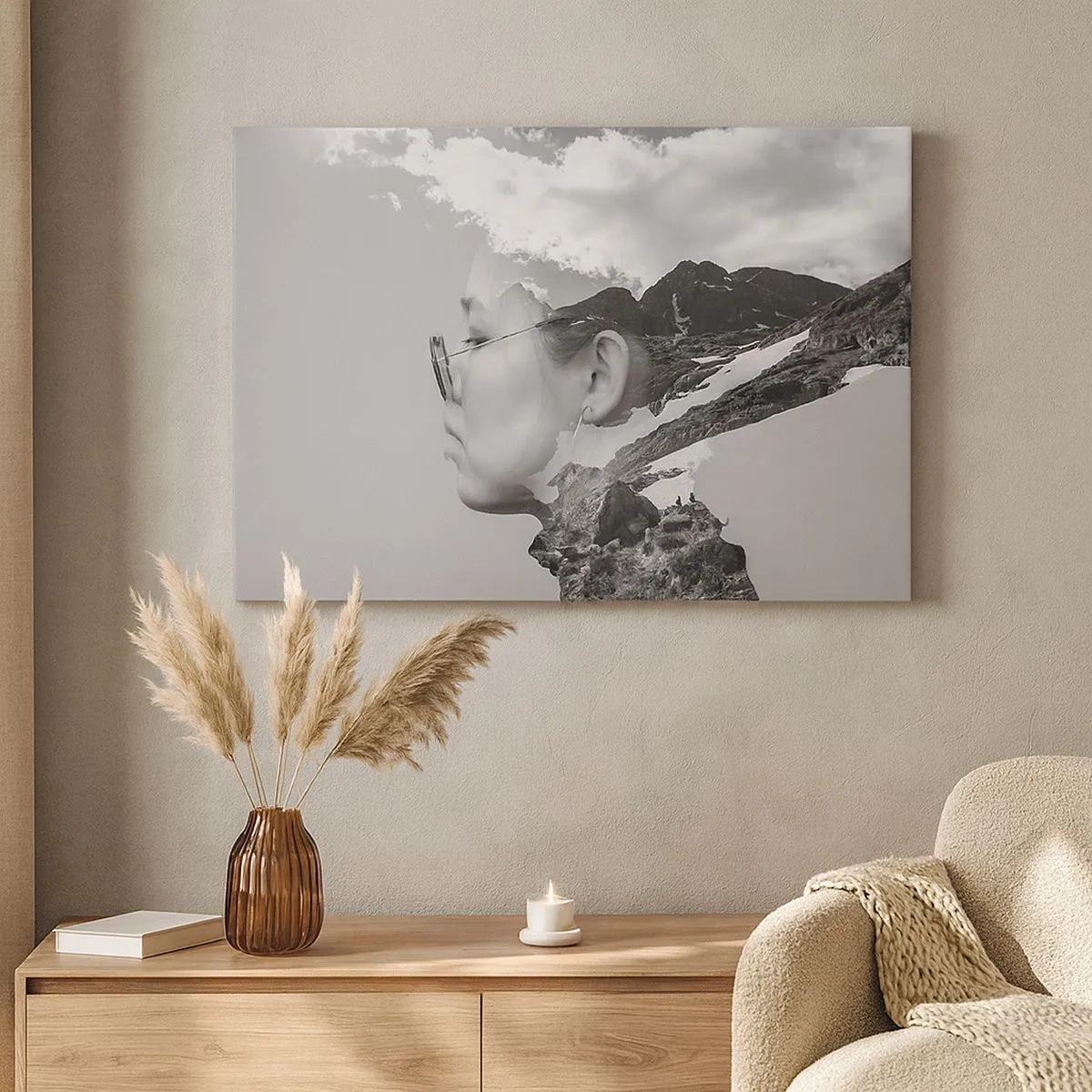 Bild auf Leinwand - Leinwandbild - Eine Schwarz-Weiß-Komposition mit der Silhouette einer Frau und einer Berglandschaft. - 70x50cm - Top und bewölktes Porträt - Moderne Wanddekoration für Wohnzimmer und Schlafzimmer ARTTOR
