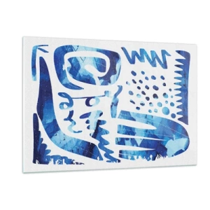 Glasbild - Bild auf glas - Dynamische blaue Abstraktion mit geometrischen Formen - 120x80cm - Zurück zu den Wurzeln - Moderne Wanddekoration für Wohnzimmer und Schlafzimmer ARTTOR