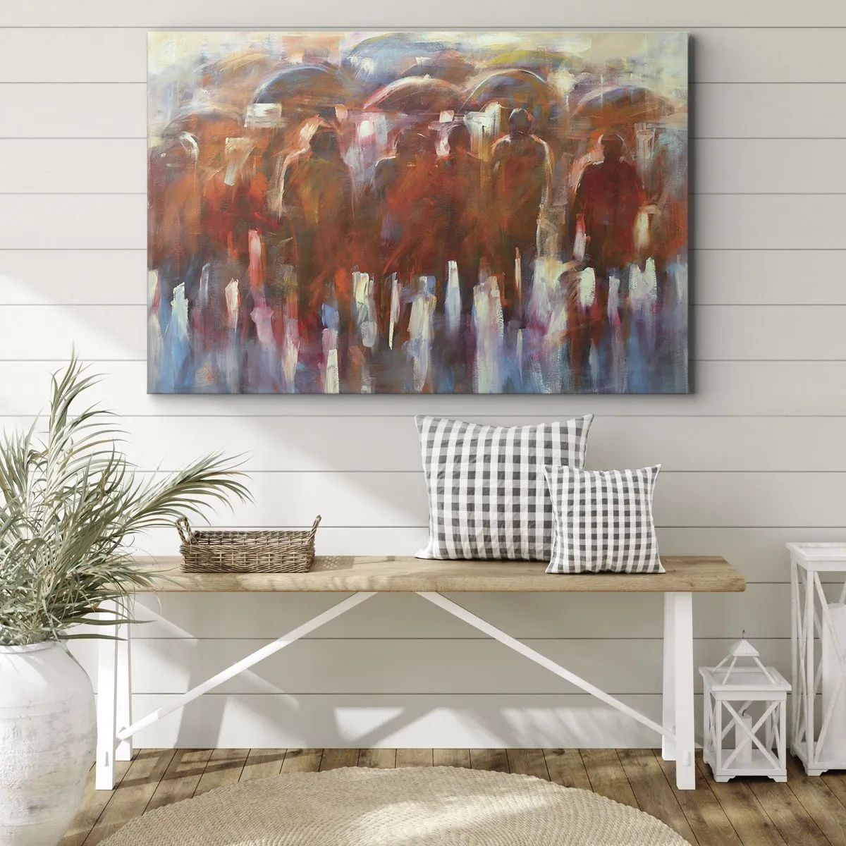 Bild auf Leinwand - Leinwandbild - Eine Menschenmenge mit Regenschirmen in einer regnerischen, künstlerischen Umgebung - 70x50cm - Auch bei Regen und Nebel - Moderne Wanddekoration für Wohnzimmer und Schlafzimmer ARTTOR