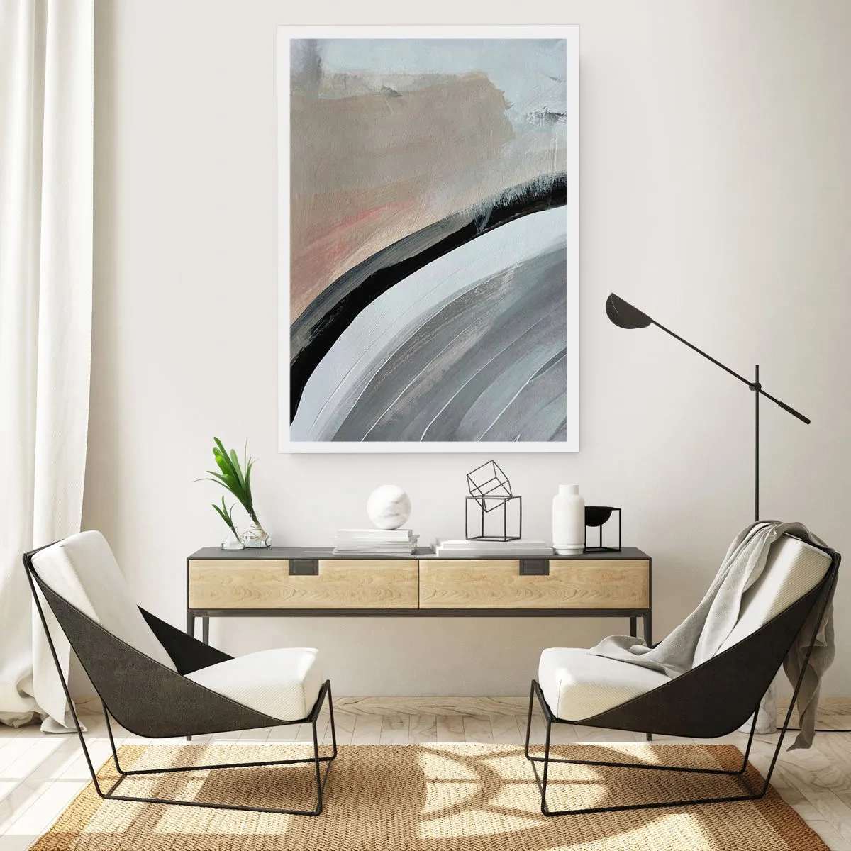 Poster - Abstrakte Komposition mit Linien in Grau- und Beigetönen. - 50x70cm - Komposition: Bogen aus Schwarz und Grau - Moderne Wanddekoration für Wohnzimmer und Schlafzimmer ARTTOR