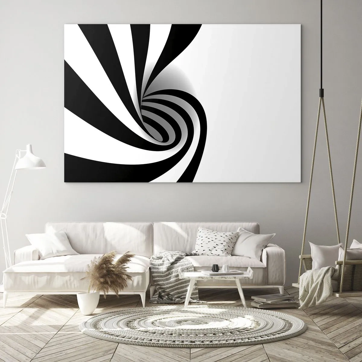 Glasbild - Bild auf glas - Abstrakte Spirale in Schwarz und Weiß mit dynamischer Form - 70x50cm - Und doch dreht es sich - Moderne Wanddekoration für Wohnzimmer und Schlafzimmer ARTTOR