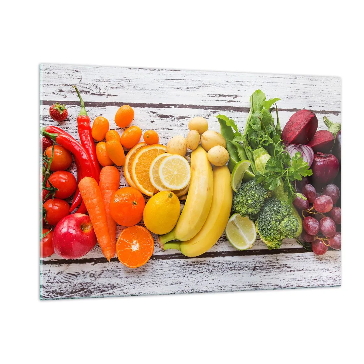 Glasbild - Bild auf glas - Buntes Obst und Gemüse auf einem Holztisch angeordnet - 120x80cm - Es ist nicht genug? - Moderne Wanddekoration für Wohnzimmer und Schlafzimmer ARTTOR