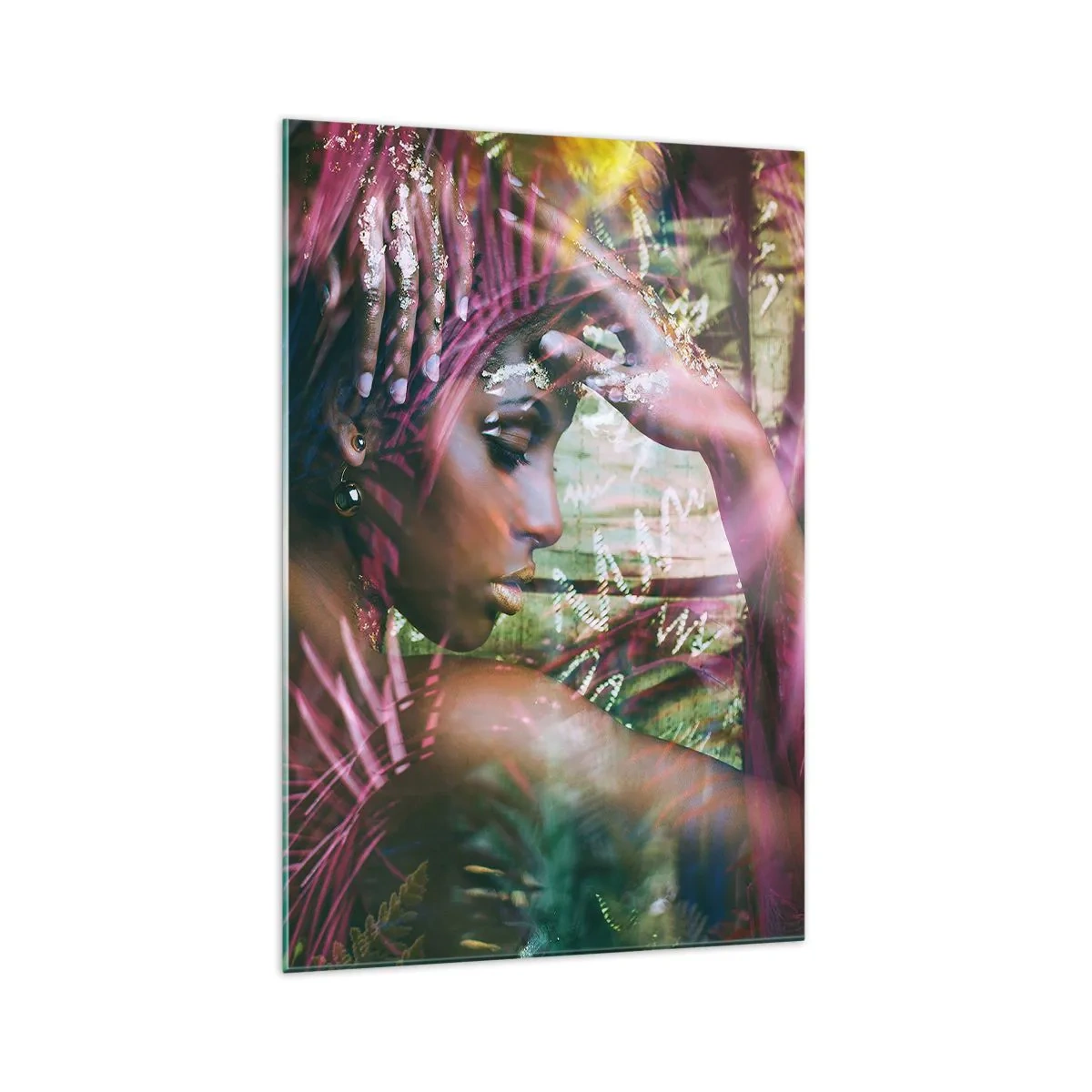 Glasbild - Bild auf glas - Porträt einer Frau, umgeben von exotischer Vegetation - 70x100cm - Mutter Natur im Dschungel - Moderne Wanddekoration für Wohnzimmer und Schlafzimmer ARTTOR