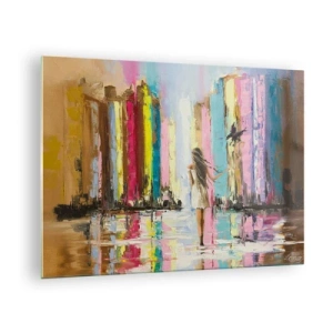 Glasbild - Bild auf glas - Eine Frau mit einem Vogel im Hintergrund bunter Gebäude - 70x50cm - Folge mir - Moderne Wanddekoration für Wohnzimmer und Schlafzimmer ARTTOR