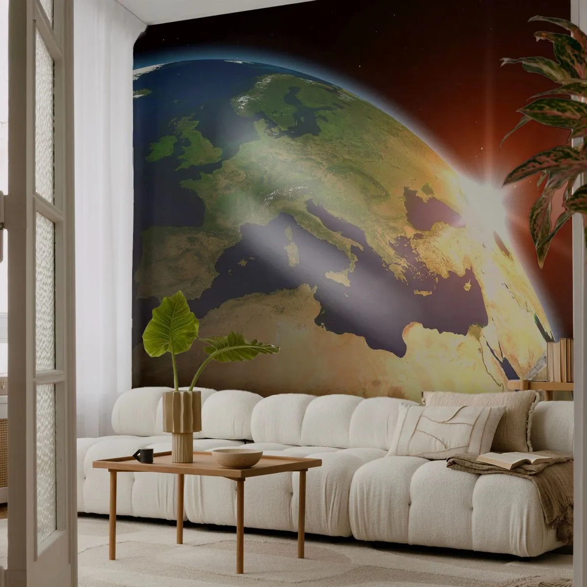 Fototapete Standard Eco - Sonnenaufgang - Kosmos, Globus, Kontinente - 200x140 cm