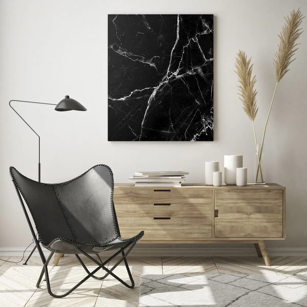 Glasbild - Bild auf glas - Schwarze Marmoroberfläche mit hellen Adern - 50x70cm - Geheimleben des Steins - Moderne Wanddekoration für Wohnzimmer und Schlafzimmer ARTTOR