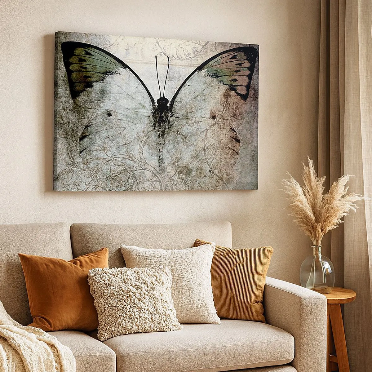 Bild auf Leinwand - Leinwandbild - Ein Schmetterling in Grün- und Grautönen auf dekorativem Hintergrund - 70x50cm - Im Jugendstil - Moderne Wanddekoration für Wohnzimmer und Schlafzimmer ARTTOR