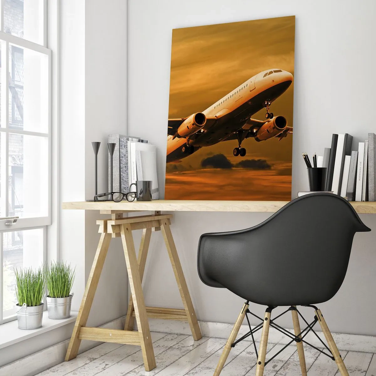 Glasbild - Bild auf glas - Ein Flugzeug, das vor einem orangefarbenen Himmel abhebt - 50x70cm - Flug der Sonne entgegen - Moderne Wanddekoration für Wohnzimmer und Schlafzimmer ARTTOR