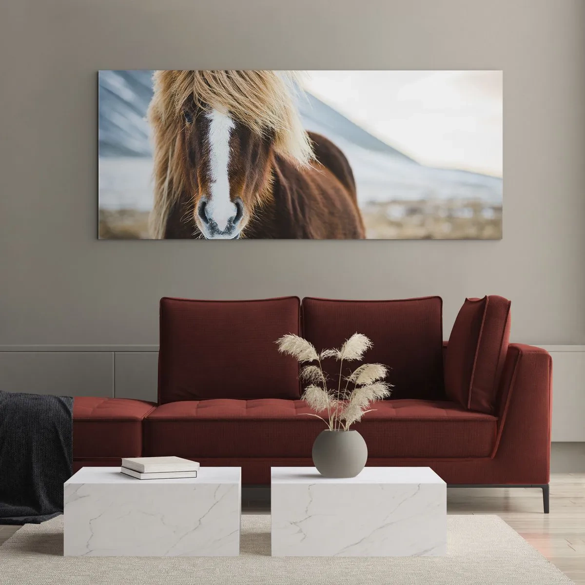 Glasbild - Bild auf glas - Islandpferd vor einer Berglandschaft - 120x50cm - Spürst du die Freiheit? - Moderne Wanddekoration für Wohnzimmer und Schlafzimmer ARTTOR