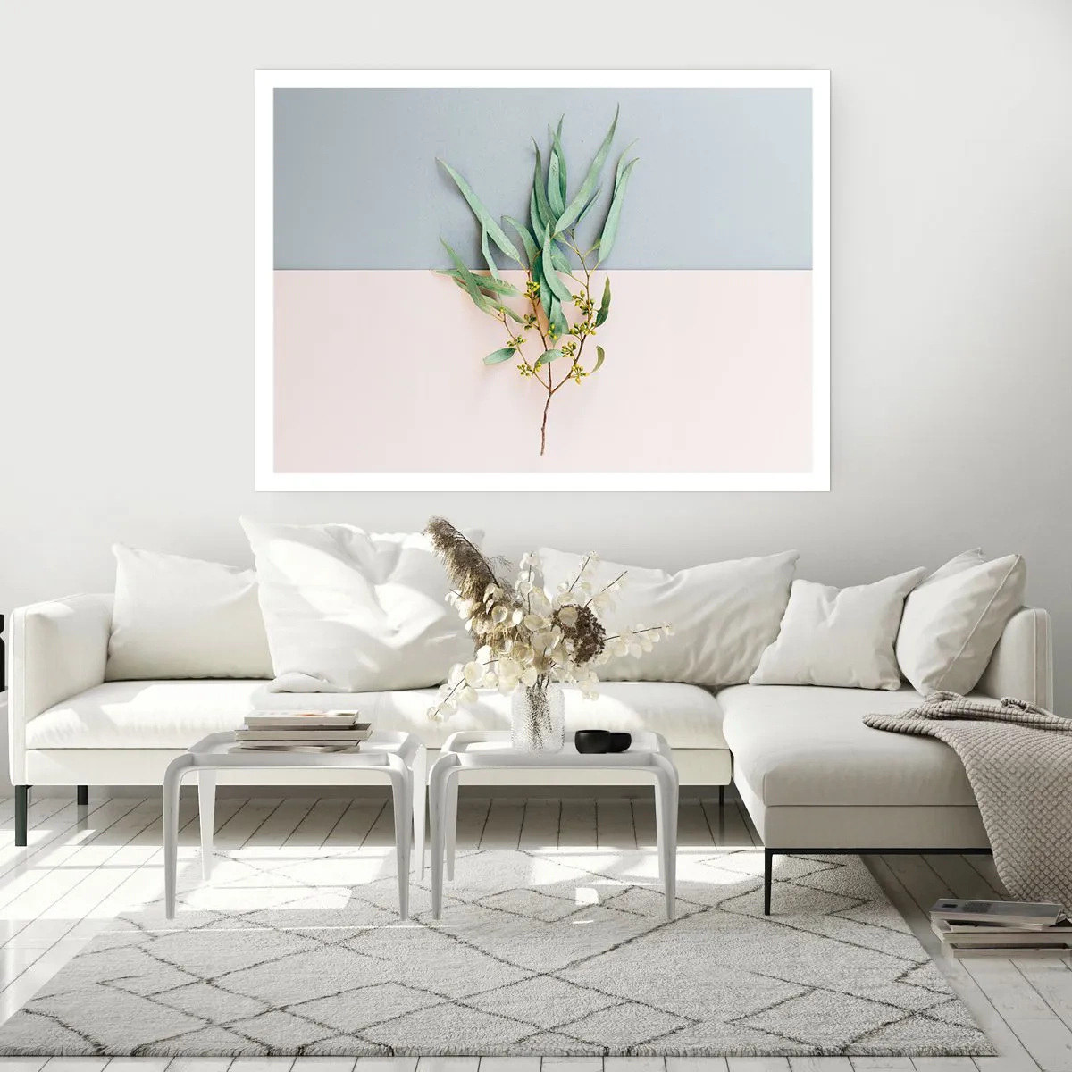 Poster - Ein Zweig mit Blättern auf einem Hintergrund in Pastelltönen - 100x70cm - Pastellige Subtilität - Moderne Wanddekoration für Wohnzimmer und Schlafzimmer ARTTOR