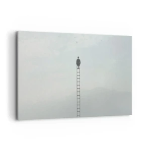 Bild auf Leinwand - Leinwandbild - Ein Mann auf einer Leiter, die in den Himmel ragt - 120x80cm - Erhebe dich darüber! - Moderne Wanddekoration für Wohnzimmer und Schlafzimmer ARTTOR