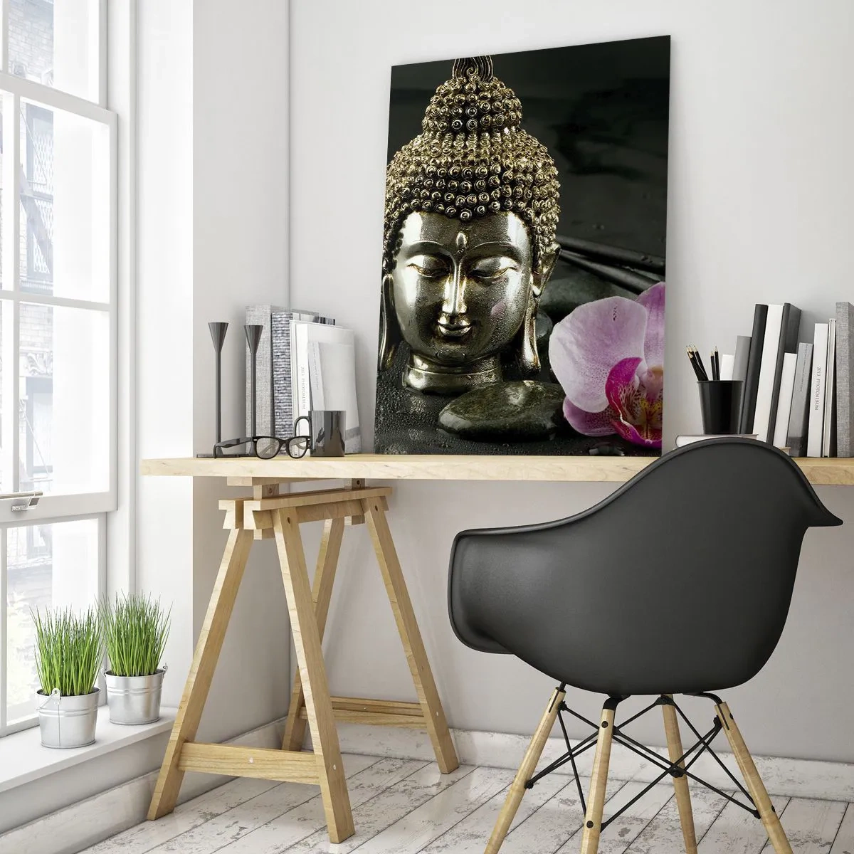 Glasbild - Bild auf glas - Eine Buddha-Statuette mit Orchidee und Essstäbchen vor einem Hintergrund aus Steinen - 70x100cm - Harmonie von Weisheit und Schönheit - Moderne Wanddekoration für Wohnzimmer und Schlafzimmer ARTTOR