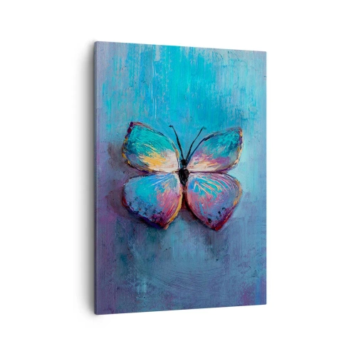 Bild auf Leinwand - Leinwandbild - Bunter Schmetterling auf blauem Hintergrund - 50x70cm - In all seiner Pracht - Moderne Wanddekoration für Wohnzimmer und Schlafzimmer ARTTOR