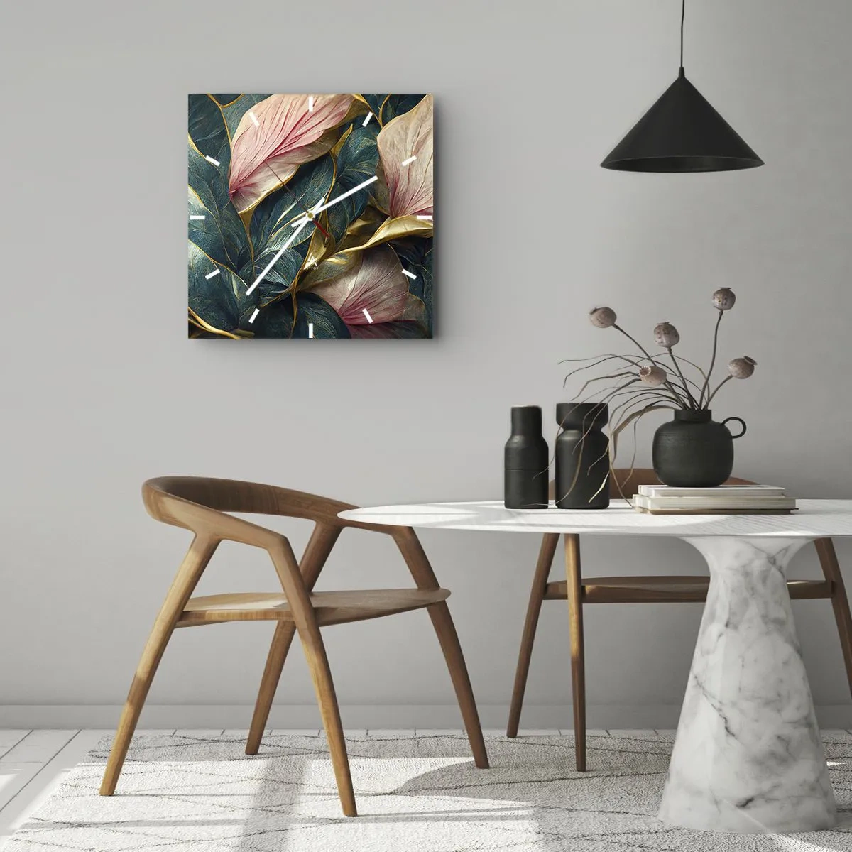 Wanduhr - Glasuhr - Elegante Blätter in Grün, Gold und Pink - 30x30cm - Natürliche Eleganz und Stil - Moderne Wanddekoration für Wohnzimmer und Schlafzimmer ARTTOR