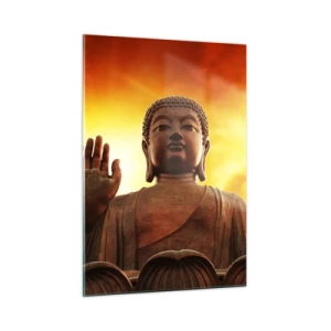 Glasbild - Bild auf glas - Eine Buddha-Statue vor dem Hintergrund eines goldenen Sonnenuntergangs - 50x70cm - Frieden der Welt - Moderne Wanddekoration für Wohnzimmer und Schlafzimmer ARTTOR