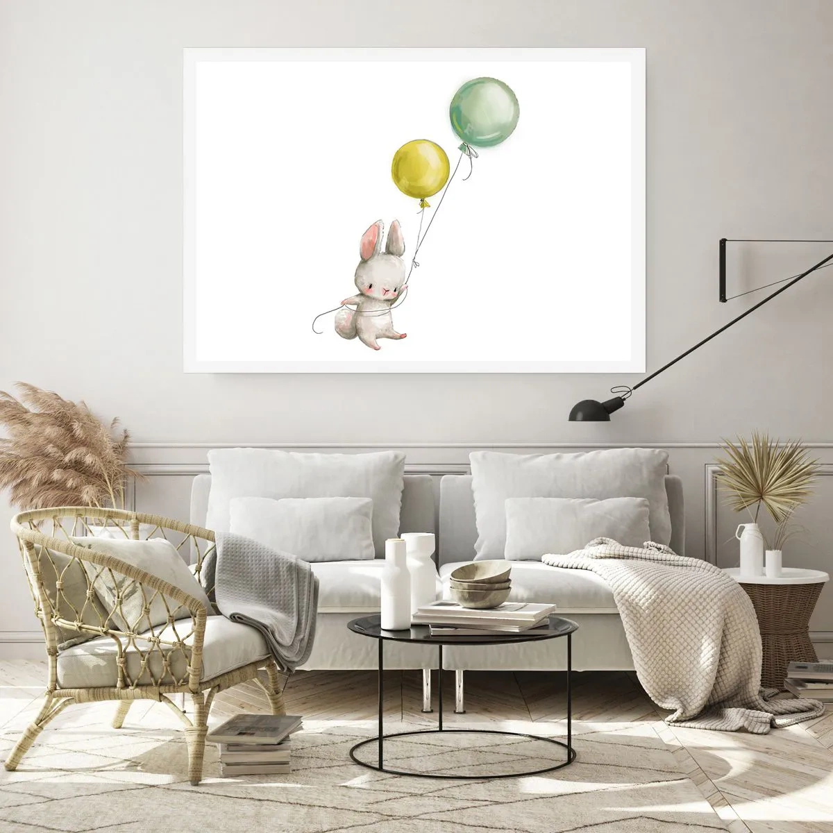 Poster - Ein Kaninchen hält pastellfarbene Luftballons - 100x70cm - Ich werde auch fliegen! - Moderne Wanddekoration für Wohnzimmer und Schlafzimmer ARTTOR