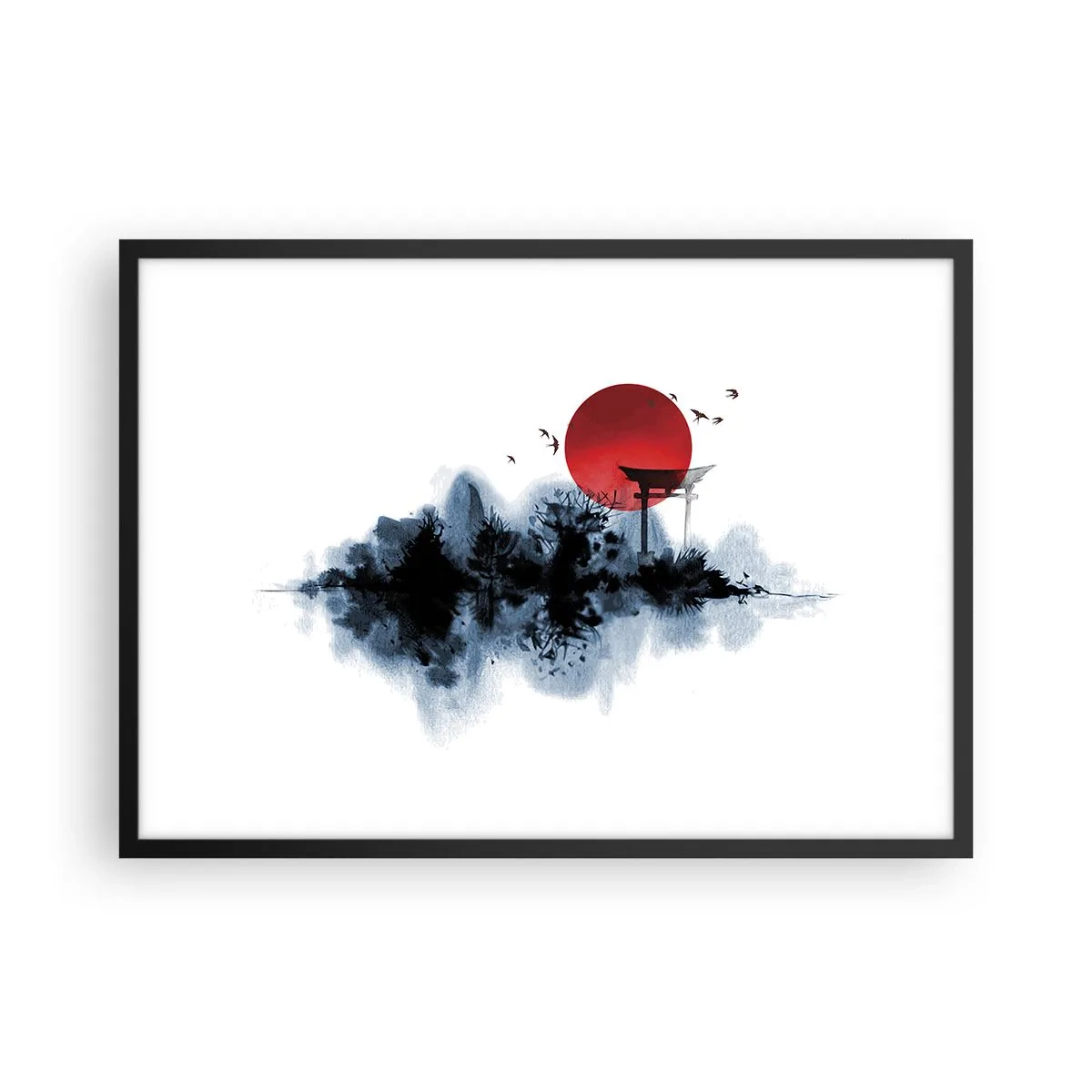 Poster in einem schwarzem Rahmen - Rote Sonne über einer malerischen Landschaft mit Torii - 70x50cm - Japanische Sicht - Moderne Wanddekoration für Wohnzimmer und Schlafzimmer ARTTOR