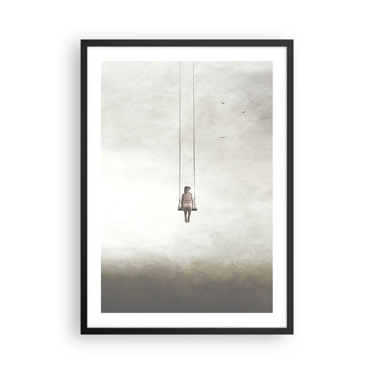 Poster in einem schwarzem Rahmen - Eine Figur auf einer Schaukel, die im Raum schwebt - 50x70cm - Ein Kind in uns - Moderne Wanddekoration für Wohnzimmer und Schlafzimmer ARTTOR