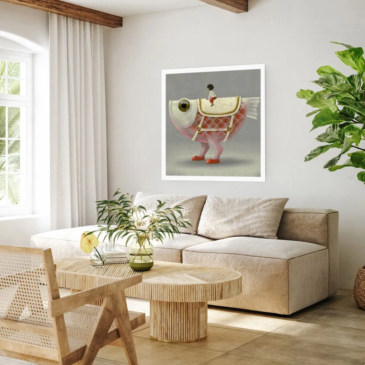 Poster - Reiter auf einem surrealen Fisch - 50x50 cm