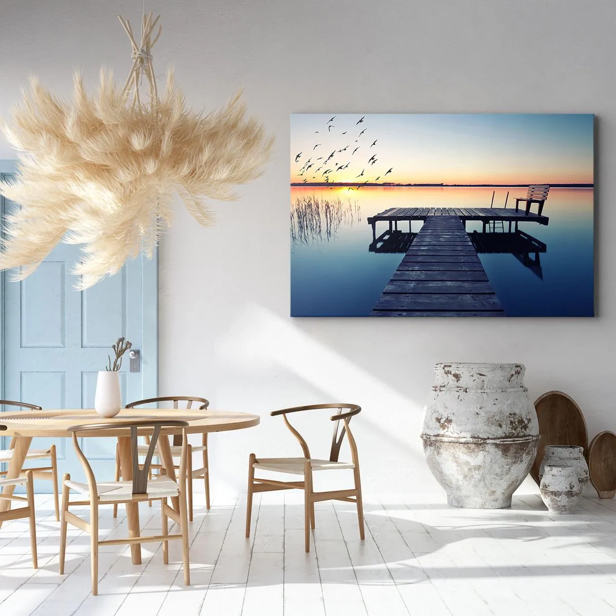 Bild auf Leinwand - Leinwandbild - Holzsteg auf einem See bei Sonnenaufgang mit Vögeln - 70x50cm - Das war ein guter Tag - Moderne Wanddekoration für Wohnzimmer und Schlafzimmer ARTTOR