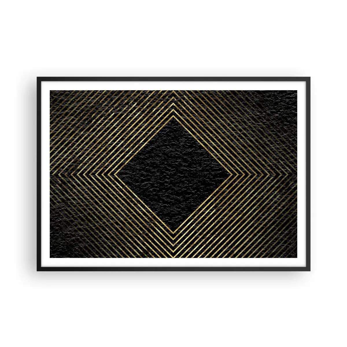 Poster in einem schwarzem Rahmen - Schwarzer Hintergrund mit einem geometrischen Muster aus goldenen Linien - 100x70cm - Geometrie im glamourösen Stil - Moderne Wanddekoration für Wohnzimmer und Schlafzimmer ARTTOR