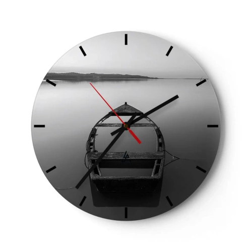 Wanduhr - Glasuhr - Ein einsames Boot auf einem ruhigen See in Schwarzweiß. - 30x30cm - Sehnsucht und Melancholie - Moderne Wanddekoration für Wohnzimmer, Küche und Schlafzimmer ARTTOR