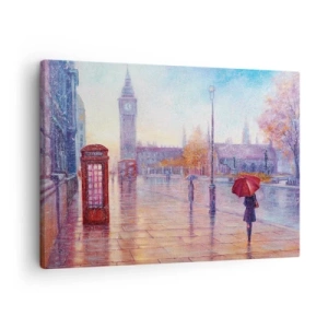 Bild auf Leinwand - Leinwandbild - Londoner Straße mit Big Ben an einem regnerischen Tag - 70x50cm - Londoner Herbsttag - Moderne Wanddekoration für Wohnzimmer und Schlafzimmer ARTTOR