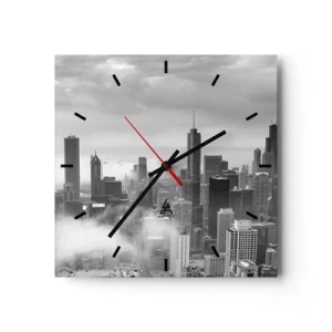 Wanduhr - Glasuhr - Stadtpanorama mit Wolkenkratzern in den Wolken in Schwarzweiß - 30x30cm - Amerikanische Landschaft - Moderne Wanddekoration für Wohnzimmer und Schlafzimmer ARTTOR