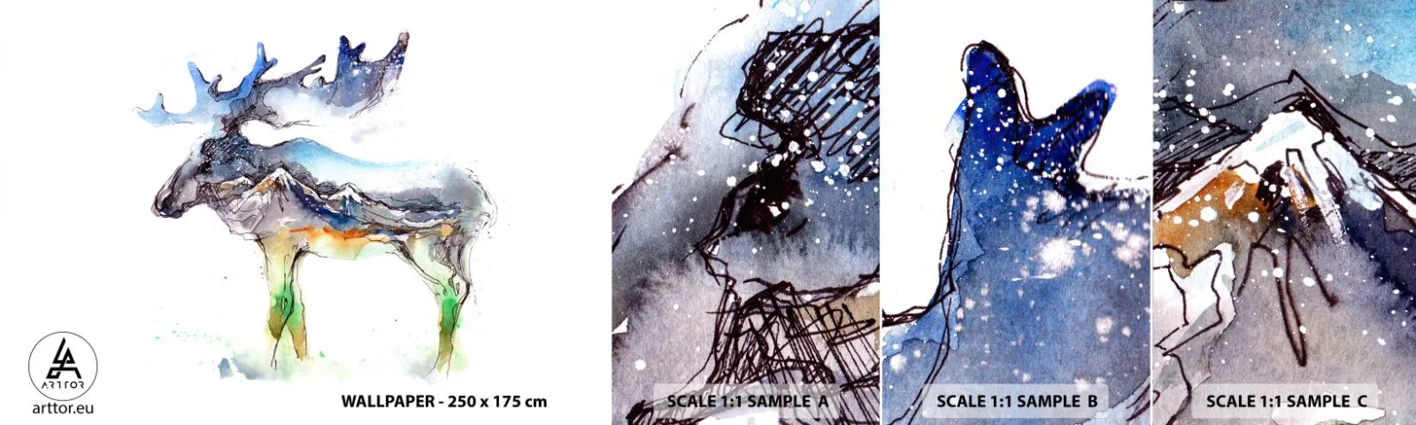 Fototapeten Muster Selbstklebend Deluxe Sticker - Der Held eines Wintermärchens - Abstraktion, Elch, Berge - 100x30 cm