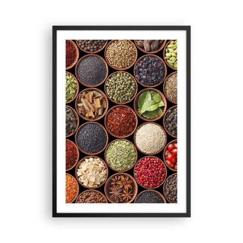 Poster in einem schwarzem Rahmen - Bunte Gewürze in kleinen Holzschälchen - 50x70cm - Alle Aromen der Welt - Moderne Wanddekoration für Wohnzimmer und Schlafzimmer ARTTOR