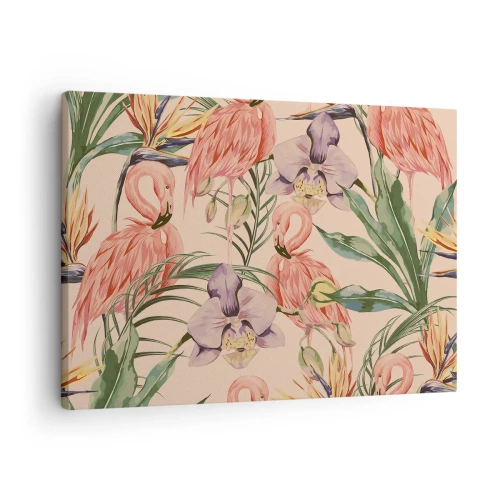 Bild auf Leinwand - Leinwandbild - Flamingos und tropische Blumen auf hellem Hintergrund - 70x50cm - Rosa Ballett in Blumen - Moderne Wanddekoration für Wohnzimmer und Schlafzimmer ARTTOR