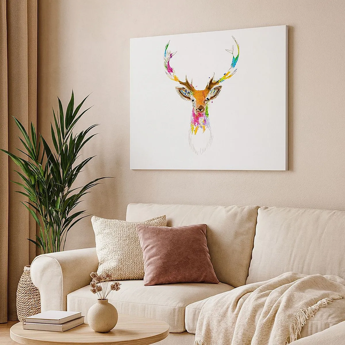 Bild auf Leinwand - Leinwandbild - Bunter Hirschkopf im künstlerischen Stil - 70x50cm - Ein mildes Reh in Farbe getaucht - Moderne Wanddekoration für Wohnzimmer und Schlafzimmer ARTTOR