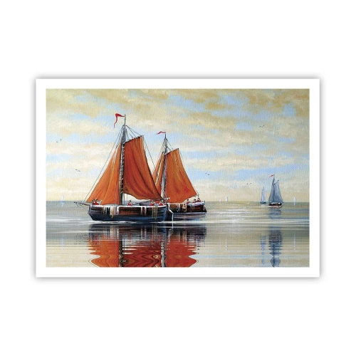 Poster - Zweimast-Segelboote in ruhigem Wasser - 100x70cm - Hey, Segel, Matrose ... - Moderne Wanddekoration für Wohnzimmer und Schlafzimmer ARTTOR