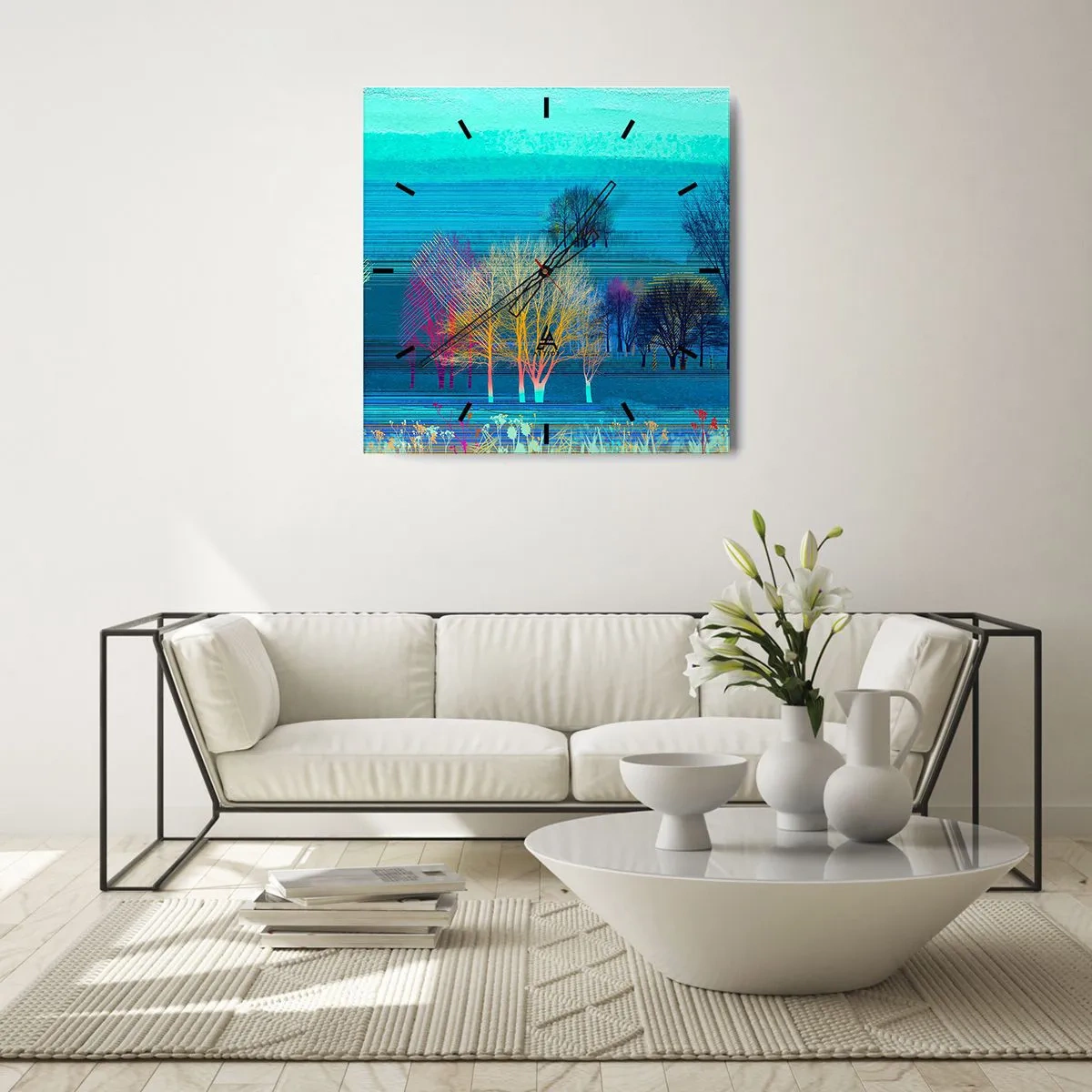 Wanduhr - Glasuhr - Bunte Bäume vor einer blauen, minimalistischen Landschaft - 30x30cm - Eine gekämmte Landschaft - Moderne Wanddekoration für Wohnzimmer und Schlafzimmer ARTTOR