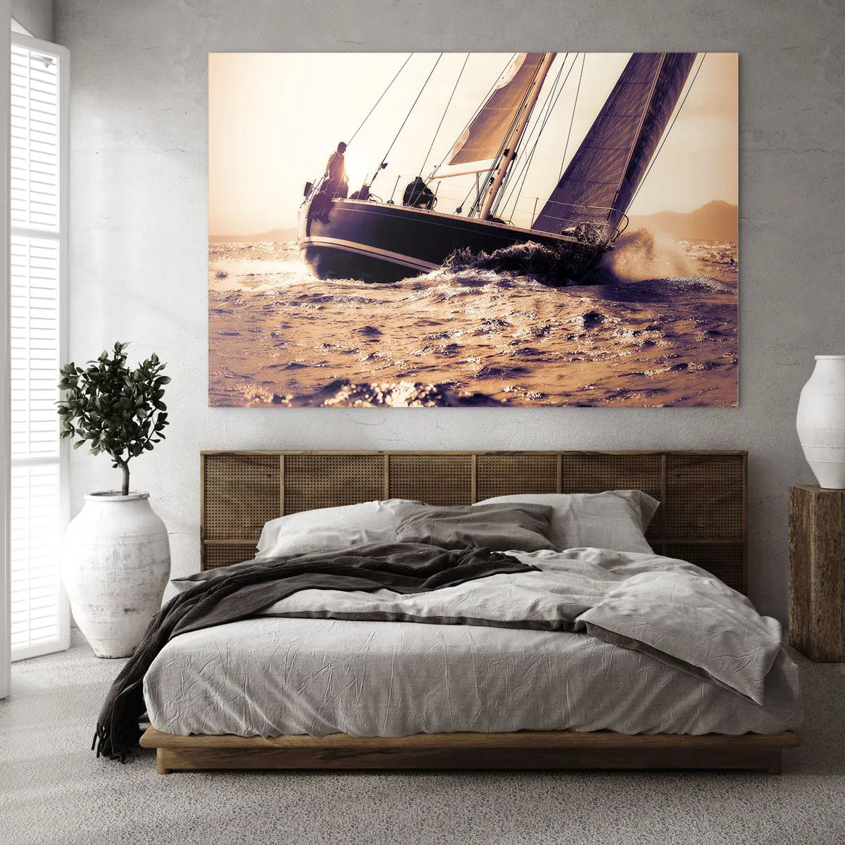 Glasbild - Bild auf glas - Ein Segelboot auf stürmischer See in warmen Farbtönen - 100x70cm - Segle, Seemann - Moderne Wanddekoration für Wohnzimmer und Schlafzimmer ARTTOR