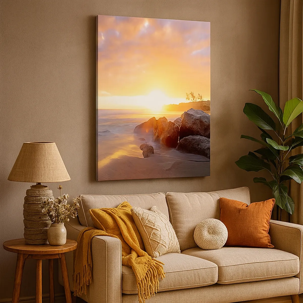 Bild auf Leinwand - Leinwandbild - Sonnenuntergang über der felsigen Küste - 50x70cm - Leuchtende Brise des Abends - Moderne Wanddekoration für Wohnzimmer und Schlafzimmer ARTTOR