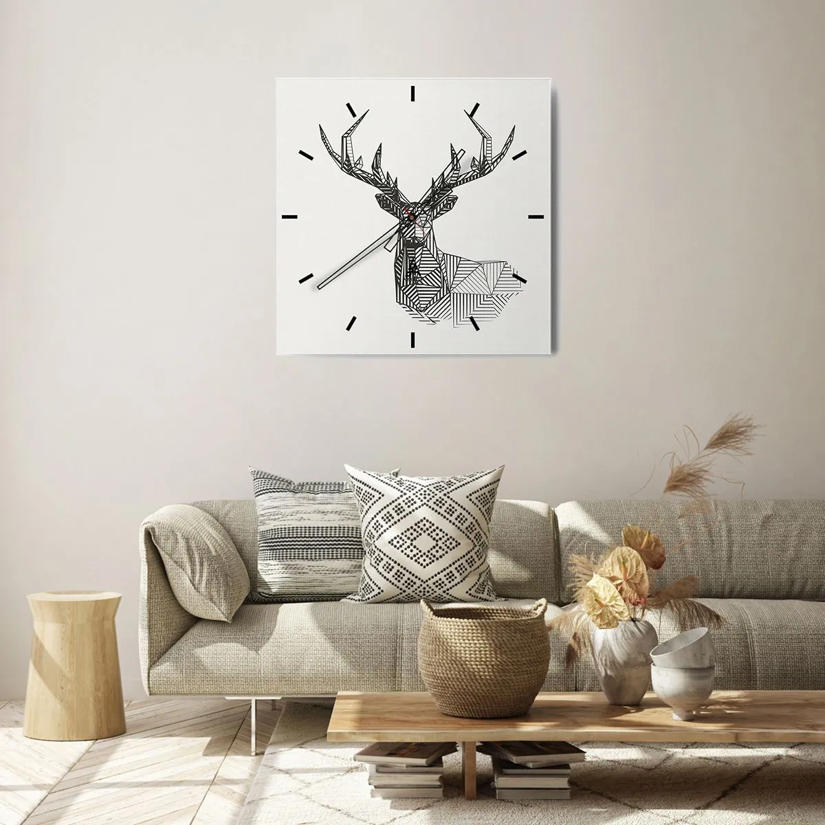 Wanduhr - Glasuhr - Geometrisches Bild eines Hirsches im minimalistischen Schwarz-Weiß-Stil - 30x30cm - Ein Hirsch im kubistischen Stil - Moderne Wanddekoration für Wohnzimmer und Schlafzimmer ARTTOR