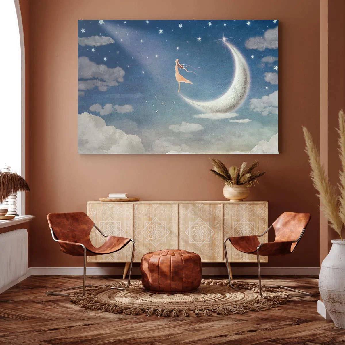 Bild auf Leinwand - Leinwandbild - Eine Frau im Mond, umgeben von Sternen und Wolken - 100x70cm - Blauer Freier - Moderne Wanddekoration für Wohnzimmer und Schlafzimmer ARTTOR