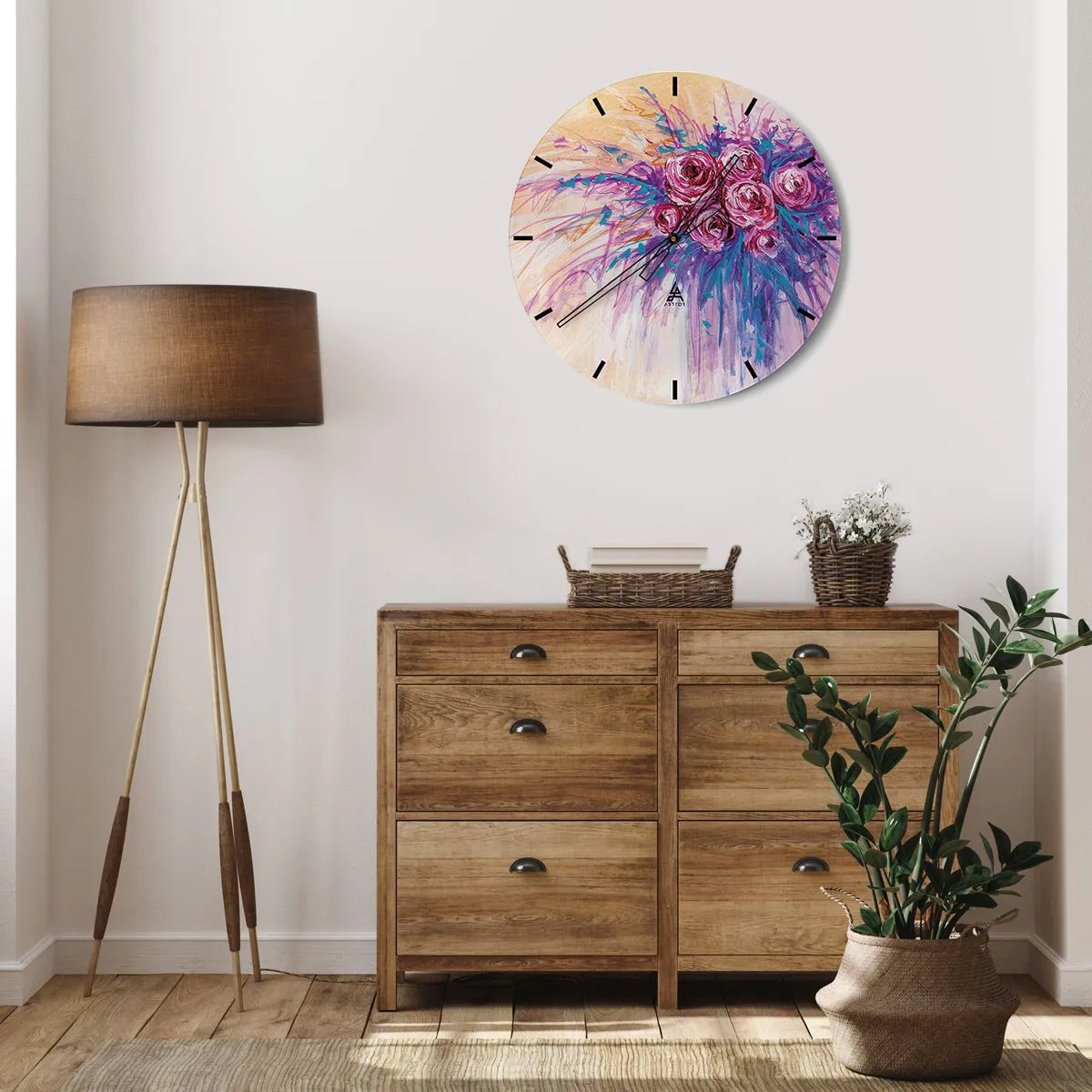 Wanduhr - Glasuhr - Abstrakter Rosenstrauß im künstlerischen Stil - 30x30cm - Rosenbrunnen - Moderne Wanddekoration für Wohnzimmer, Küche und Schlafzimmer ARTTOR