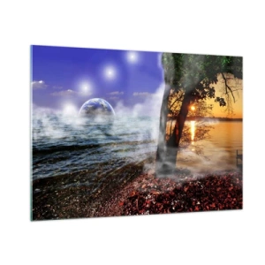 Glasbild - Bild auf glas - Eine Fantasielandschaft mit Meer und einem Planeten - 100x70cm - Surreale Landschaft - Einheit der Natur - Moderne Wanddekoration für Wohnzimmer und Schlafzimmer ARTTOR