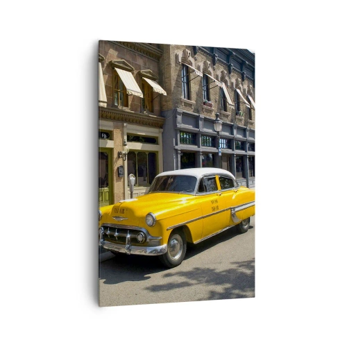 Bild auf Leinwand - Leinwandbild - Ein gelbes Taxi auf einer Straße mit Mietshäusern - 80x120cm - Vor langer Zeit in Amerika - Moderne Wanddekoration für Wohnzimmer und Schlafzimmer ARTTOR