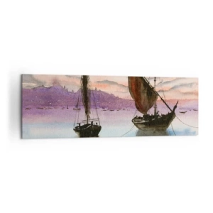Bild auf Leinwand - Leinwandbild - Zwei Segelschiffe liegen in der Abenddämmerung auf ruhigem Wasser vor Anker - 160x50cm - Abend am Hafen - Moderne Wanddekoration für Wohnzimmer und Schlafzimmer ARTTOR