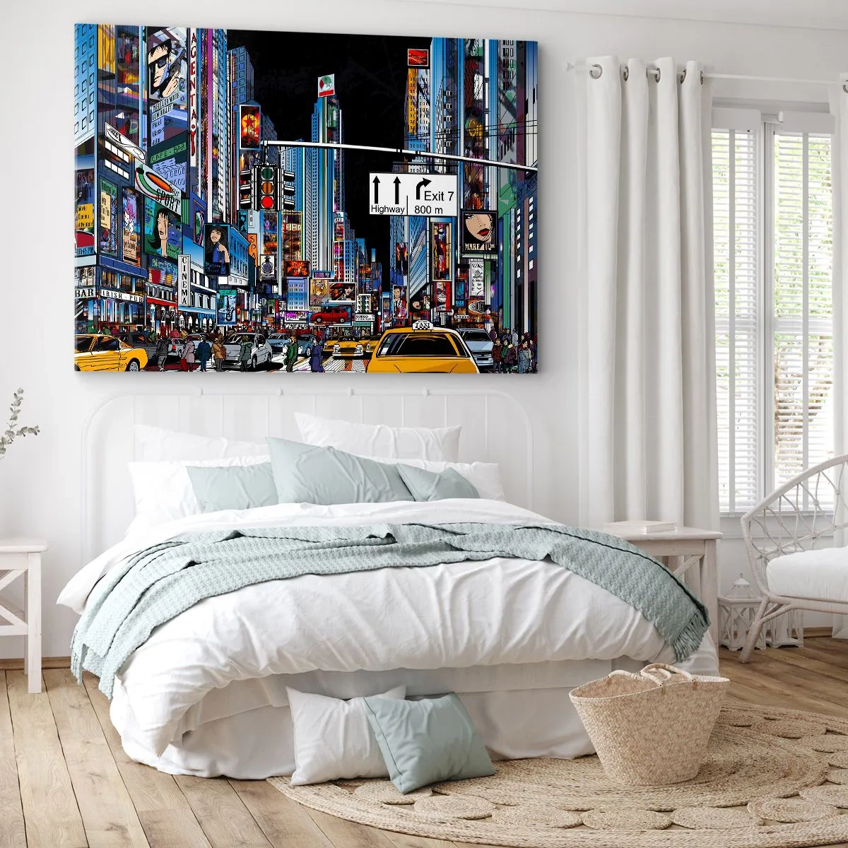 Bild auf Leinwand - Leinwandbild - Eine geschäftige Stadt mit bunten Werbetafeln und gelben Taxis - 70x50cm - Comicbuch große Nacht - Moderne Wanddekoration für Wohnzimmer und Schlafzimmer ARTTOR