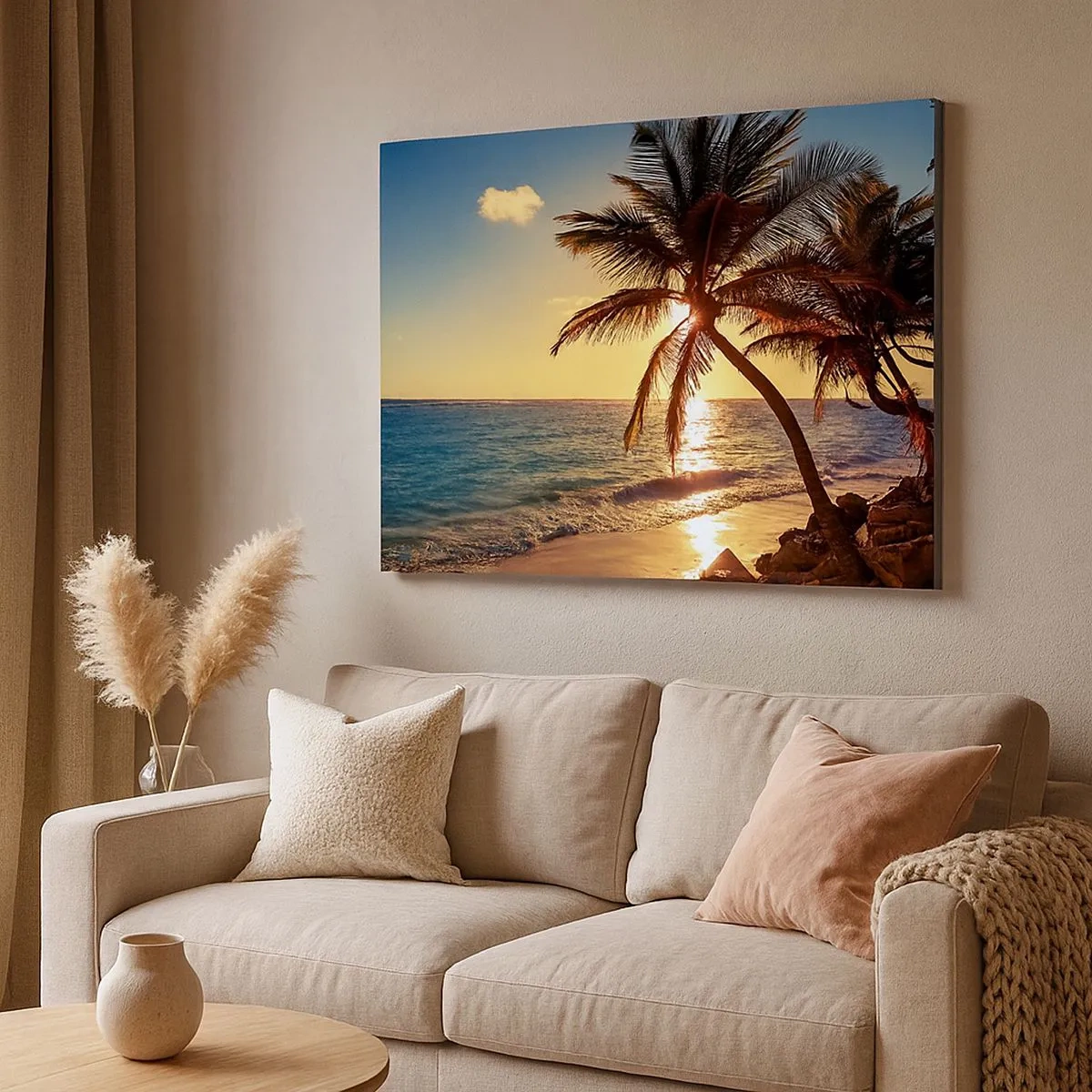 Bild auf Leinwand - Leinwandbild - Tropischer Sonnenuntergang über einem Strand mit Palmen - 70x50cm - Sommer unter Palmen - Moderne Wanddekoration für Wohnzimmer und Schlafzimmer ARTTOR