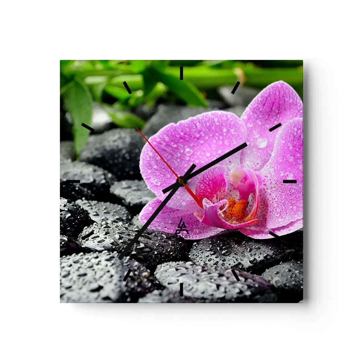 Wanduhr - Glasuhr - Rosa Orchidee auf nassen schwarzen Steinen mit grünen Blättern - 30x30cm - Wie ein offenes Herz - Moderne Wanddekoration für Wohnzimmer und Schlafzimmer ARTTOR