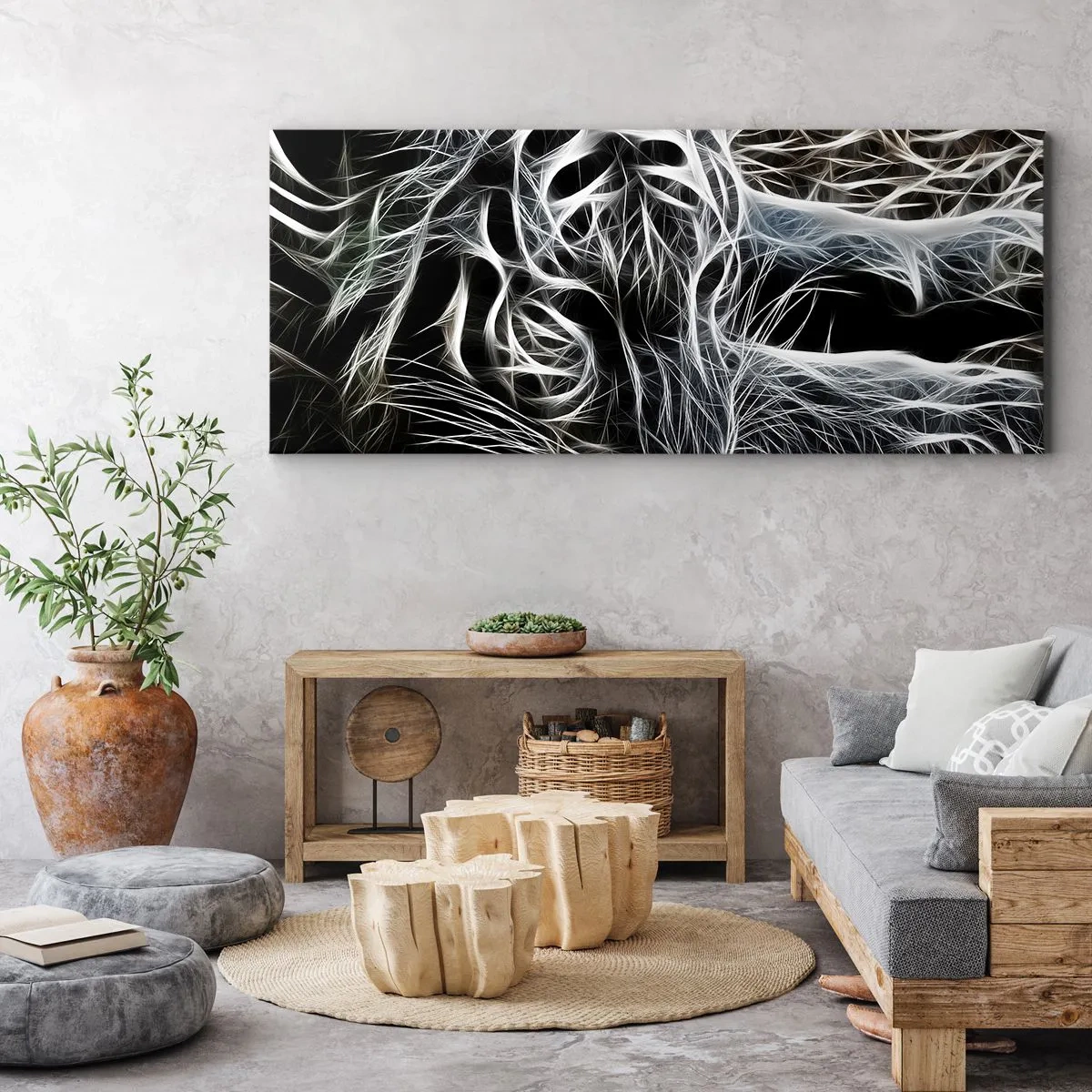 Bild auf Leinwand - Leinwandbild - Ein abstraktes Muster, das die Silhouette einer Katze auf schwarzem Hintergrund darstellt. - 160x50cm - Eine Studie über die Leichtigkeit der Katze - Moderne Wanddekoration für Wohnzimmer und Schlafzimmer ARTTOR