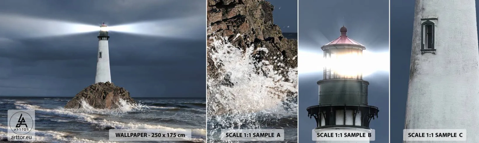 Fototapeten Muster Selbstklebend Deluxe Sticker - Hier... hier... hier! - Landschaft, Leuchtturm, Insel - 100x30 cm