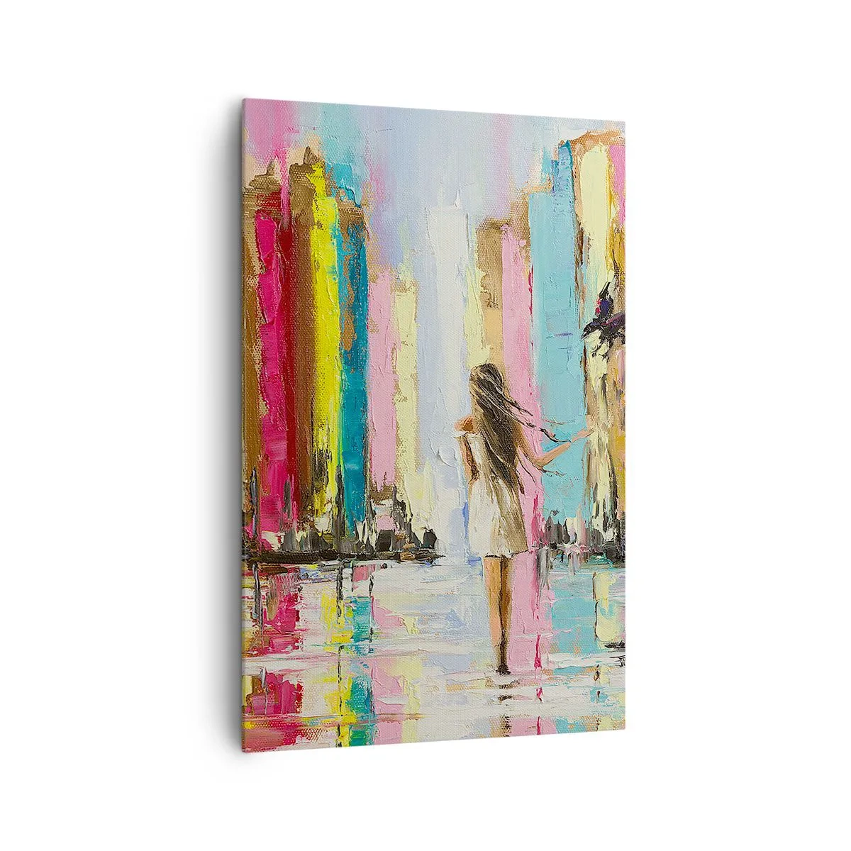 Bild auf Leinwand - Leinwandbild - Eine bunte Stadt und eine Frau in einem weißen Kleid mit einem Vogel - 80x120cm - Folge mir - Moderne Wanddekoration für Wohnzimmer und Schlafzimmer ARTTOR