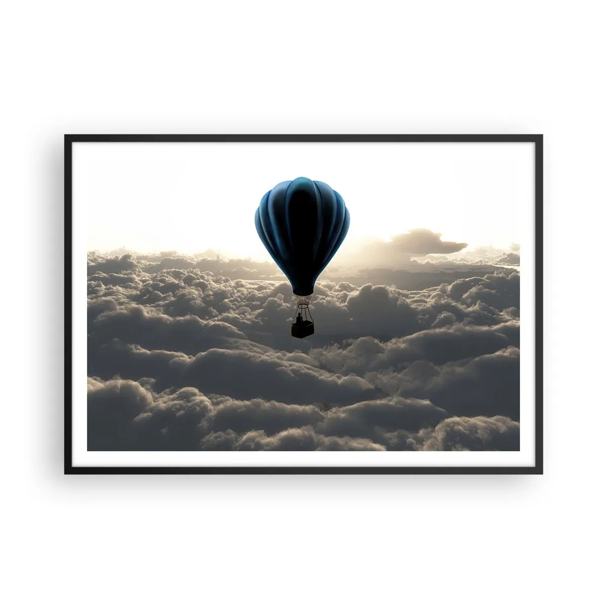 Poster in einem schwarzem Rahmen - Ein Heißluftballon vor einem Himmel mit Wolken bei Sonnenuntergang - 100x70cm - Ein Wanderer über den Wolken - Moderne Wanddekoration für Wohnzimmer und Schlafzimmer ARTTOR