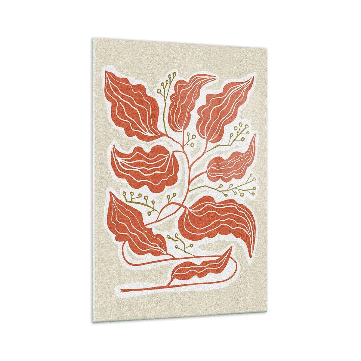 Glasbild - Bild auf glas - Ein minimalistisches Blattmotiv in Orange- und Grüntönen. - 70x100cm - Im Folkstil und korallenartig - Moderne Wanddekoration für Wohnzimmer und Schlafzimmer ARTTOR